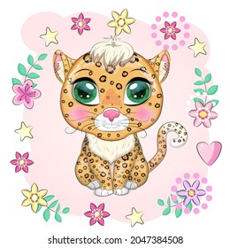 Leopard with beautiful eyes in cartoon style, colorful illustration for children. Leopard cat with characteristic spots and color