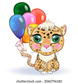 Leopard with beautiful eyes in cartoon style, colorful illustration for children. Leopard cat with characteristic spots and color