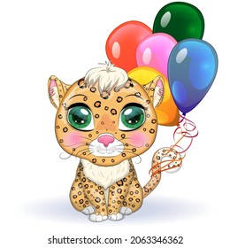 Leopard with beautiful eyes in cartoon style, colorful illustration for children. Leopard cat with characteristic spots and color
