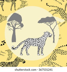 Leopard between savanna trees. Vector Illustration