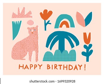 Leopard birthday greeting card with tropical palms and flowers in vector.