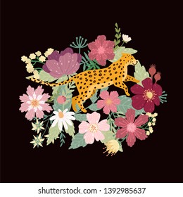 Leopard in black background. Leopard surrounded by beautiful flowers. Elegant summer vector. Can be used poster, greeting card, gift, banner, textile, T-shirt, mug.