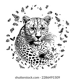 Leopard in black interpretation. Running Cheetah hand-drawn with ink on white background logo. Japanese style leopard graphic print, fashion drawing for t-shirts.