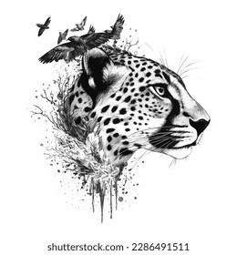 Leopard in schwarzer Interpretation. Running Cheetah Hand gezeichnet mit Tinte auf weißem Hintergrund Logo. Japanische Leopardengrafik, Modezeichnung für T-Shirts.