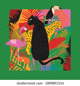 Leopard, black panther, flamingo, toucan and tropical leaves poster background vector illustration. Trendy wildlife pattern	