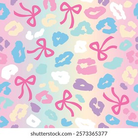Leopard and bow pattern all over seamless repeat pattern rainbow gradient background