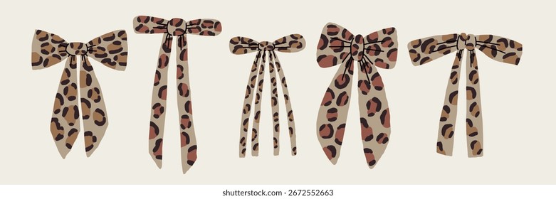 Leopard Bow Pattern Print Set. Cute Ribbon Graphic Collection. Vector Design Clipart