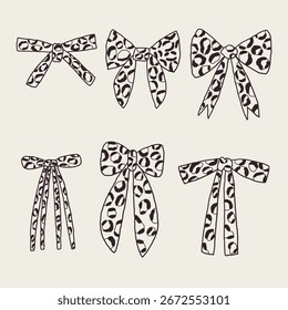 Leopard Bow Print Set Sketch Graphic. Cute Ribbon Graphic Collection. Hand Drawn Vector Design Clipart