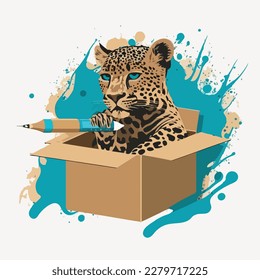 A Leopard in a box with a paintbrush flat logo style