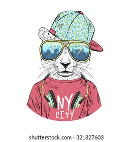 Leopard Boy Dressed Up In Cool City Style, Hand Drawn Graphic, Hipster Animal Portrait