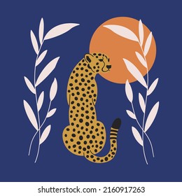 leopard with branches and orange sun 