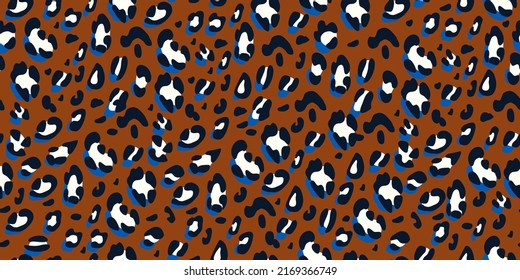 Leopard brown and blue seamless pattern. Animalistic print for fabric, paper. Vector hand-drawn background