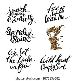 Leopard candle and lettering about fire, wildness and glamor. Trendy Illustration for Fashion Design and House Interior Design, as Well as for Hand Crafts