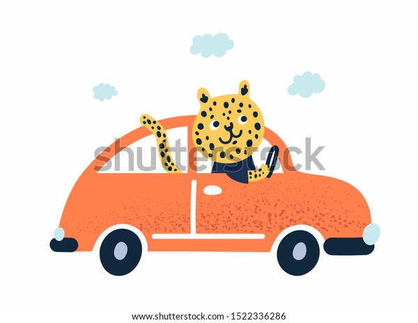 Leopard in car. Exotic animal.\
Colorful childish vector illustration in flat cartoon scandinavian\
style. Ideal for posters, print, card, decoration,\
textile.