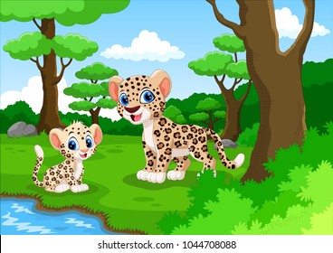 Leopard cartoon in the forest with his cute son 