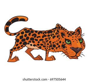 Leopard cartoon hand drawn image. Original colorful artwork, comic childish style drawing.