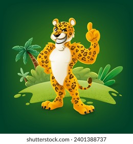 leopard cartoon mascot logo with hand pointing up in the jungle