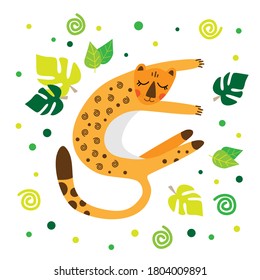 A leopard in a cartoon style lies in a clearing. Leopard on a white background with leaves. African animals.