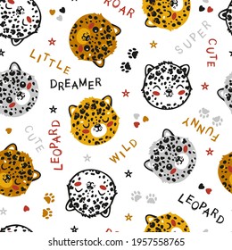 Leopard Cat Face Vector Seamless Pattern. Childish Background with Little Funny Cheetah Heads. Baby Animal Drawing for Tee Print for Kids.