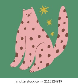 Leopard cat groovy cute comic character boho doodle modern art print funny handdrawn childish cartoon funky trendy style vector illustration clipart