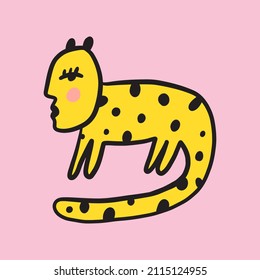 Leopard cat groovy cute comic character boho doodle modern art print funny handdrawn childish cartoon funky trendy style vector illustration clipart
