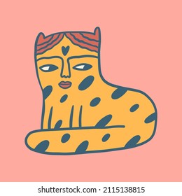 Leopard cat groovy cute comic character boho doodle modern art print funny handdrawn childish cartoon funky trendy style vector illustration clipart