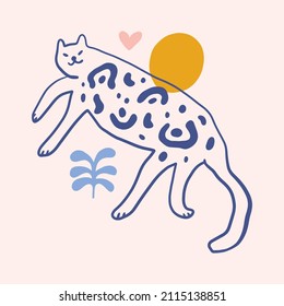 Leopard cat groovy cute comic character boho doodle modern art print funny handdrawn childish cartoon funky trendy style vector illustration clipart