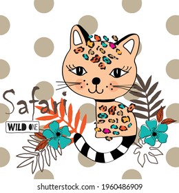 Leopard cat with palm leaves and flowers. Cartoon safari animal leopard cat.
