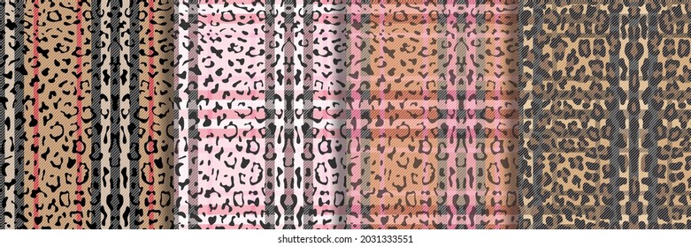 Leopard, check and stripe fashion seamless patterns set Repeat backgrounds collection with animal print for textile prints, wallpaper, wrapping with fabric imitation.