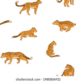 Leopard or cheetah animal running and laying, motion and calmness of mammal. Seamless pattern of predator, spotted predator, wilderness and hunting and resting feline cat. Vector in flat style