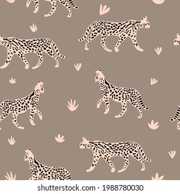 Leopard or cheetah exotic animal.  Cute cartoon character. Vector seamless pattern with wild cat  . Perfect for print, cards, fabric, textile.