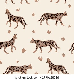 Leopard or cheetah exotic animal.  Cute cartoon character. Vector seamless pattern with wild cat  . Perfect for print, cards, fabric, textile.