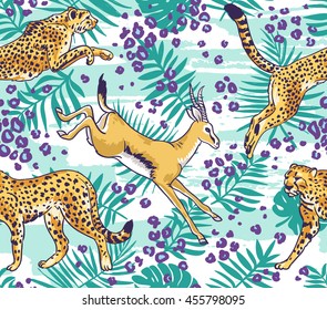 leopard / cheetah  and palm leaves tropical  seamless pattern. Stylish wild vector background.