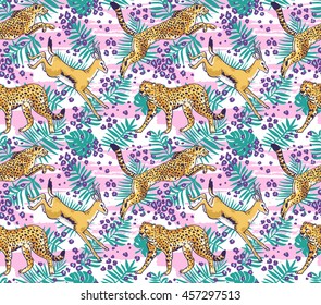 leopard / cheetah  and palm leaves tropical  seamless pattern. Stylish wild vector background.