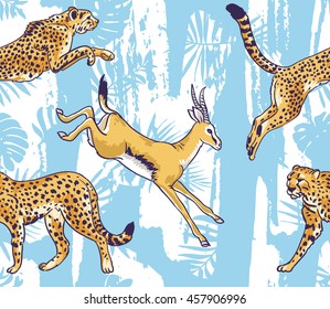 leopard or cheetah and palm leaves tropical  seamless pattern. Stylish wild vector background.
