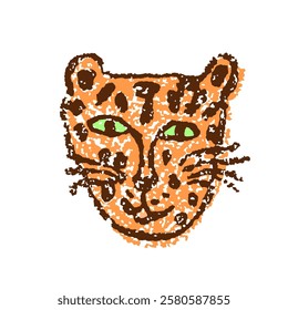 Leopard, cheetah or tiger of cat family. Face or muzzle of crayon like kid`s hand drawn funny wild kitty. Cute cartoon friendly doodle character. Vector pastel chalk or pencil childlike style.