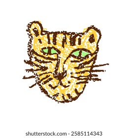 Leopard, cheetah or tiger of cat family. Face or muzzle of crayon like kid`s hand drawn funny wild kitty. Cute cartoon friendly doodle character. Vector pastel chalk or pencil childlike style.