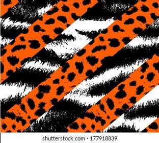 Leopard / cheetah and tiger skin seamless pattern, diagonal stripes, animal background, vector illustration