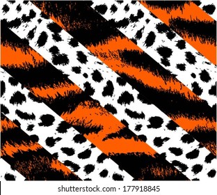 Leopard / cheetah and tiger skin seamless pattern, diagonal stripes, animal background, vector illustration