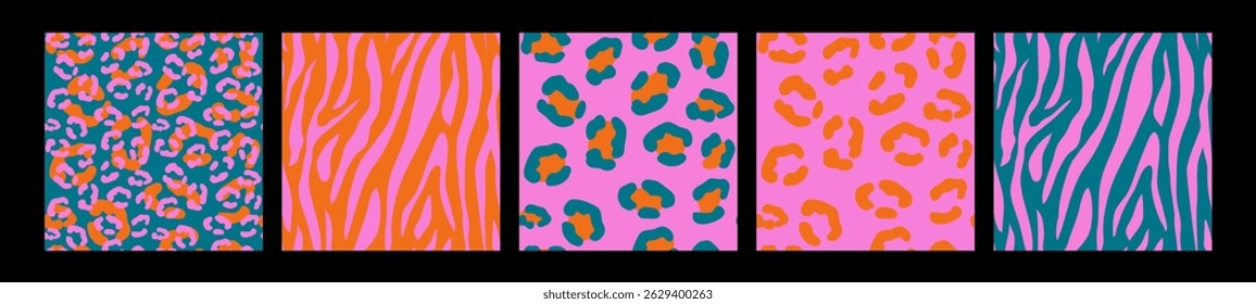 Leopard, Cheetah, Zebra, wild animals print, seamless pattern design. Leopards skin pattern textile vector design