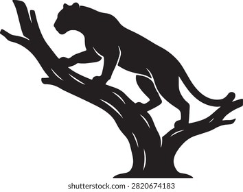 Leopard climbing tree, wild cat silhouette, hunting beast.