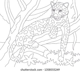 Leopard coloring book isolated on white background. Vector funny illustration with wild cat 