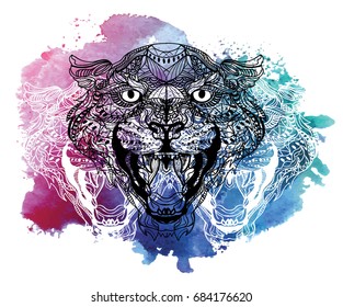 Leopard coloring. Meditation, coloring of the mandala. Head of a leopard with open mouth and canines. Drawing by hand, patterns.