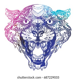 Leopard coloring. Meditation, coloring of the mandala. Head of a leopard with open mouth and canines. Drawing by hand, patterns.