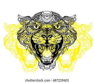 Leopard coloring. Meditation, coloring of the mandala. Head of a leopard with open mouth and canines. Drawing by hand, patterns.