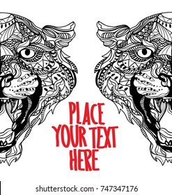 Leopard coloring. Meditation, coloring of the mandala. Head of a leopard with open mouth and canines. Drawing by hand, patterns.Background for text