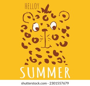 Leopard cool summer t-shirt print. African animal with slogan. Hellow summer. Gipard beach funny child wear illustration. vacation. Nursery t-shirt, kids apparel, invitation child design