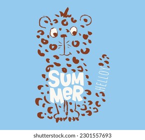 Leopard cool summer t-shirt print. African animal with slogan. Hellow summer. Gipard beach funny child wear illustration. vacation. Nursery t-shirt, kids apparel, invitation child design