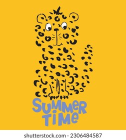 Leopard cool summer t-shirt print. African animal with slogan. Summer time. Gipard beach funny child wear illustration. vacation. Nursery t-shirt, kids apparel, invitation child design