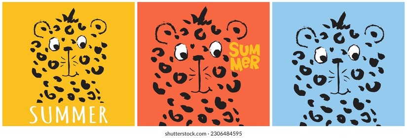 Leopard cool summer t-shirt print set. African animal with slogan. Hellow summer. Gipard beach funny child wear illustration. vacation. Nursery t-shirt, kids apparel, invitation child design